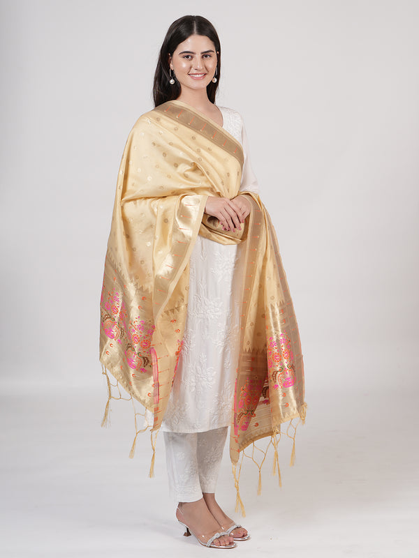 Cream Paithani Silk Dupatta with Gold Zari Butti & Traditional Border (Size: 2.5x1 m Approx)