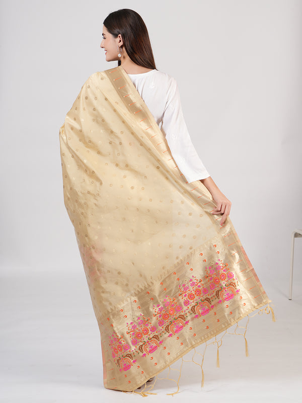 Cream Paithani Silk Dupatta with Gold Zari Butti & Traditional Border (Size: 2.5x1 m Approx)