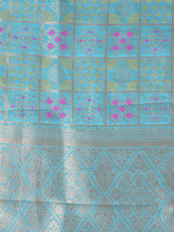 Teal Paithani Silk Dupatta with Geometric Zari Jaal & Traditional Border (Size: 2.5x1 m Approx)