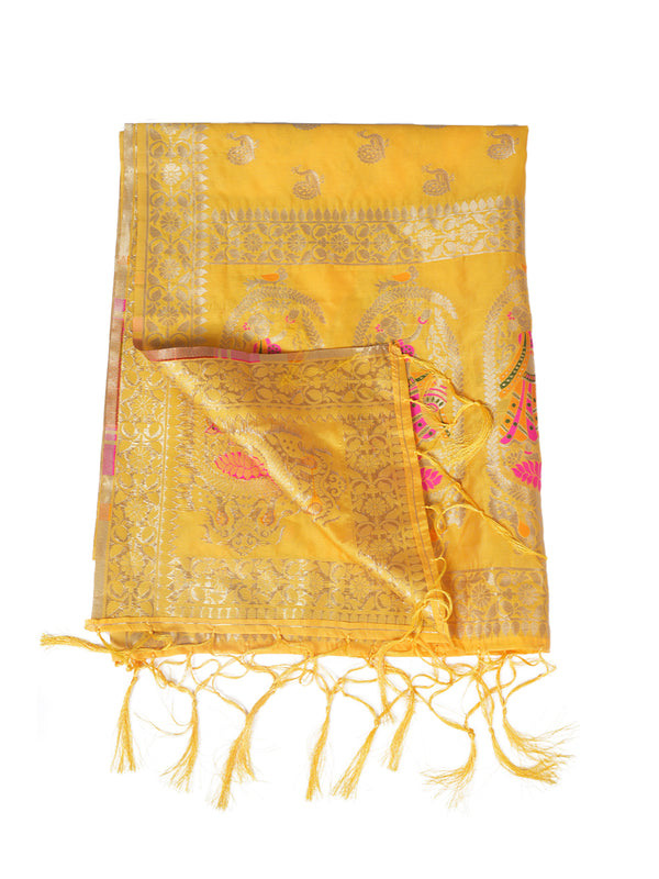 Yellow Paithani Silk Dupatta with Traditional Peacock Motifs (Size: 2.5x1 m Approx)