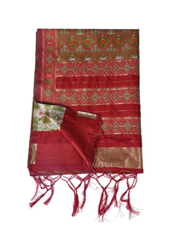 Brown Paithani Silk Dupatta with Geometric Motifs & Contrast Zari Border (Size: 2.5x1 m Approx)