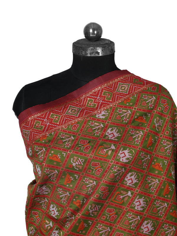 Brown Paithani Silk Dupatta with Geometric Motifs & Contrast Zari Border (Size: 2.5x1 m Approx)