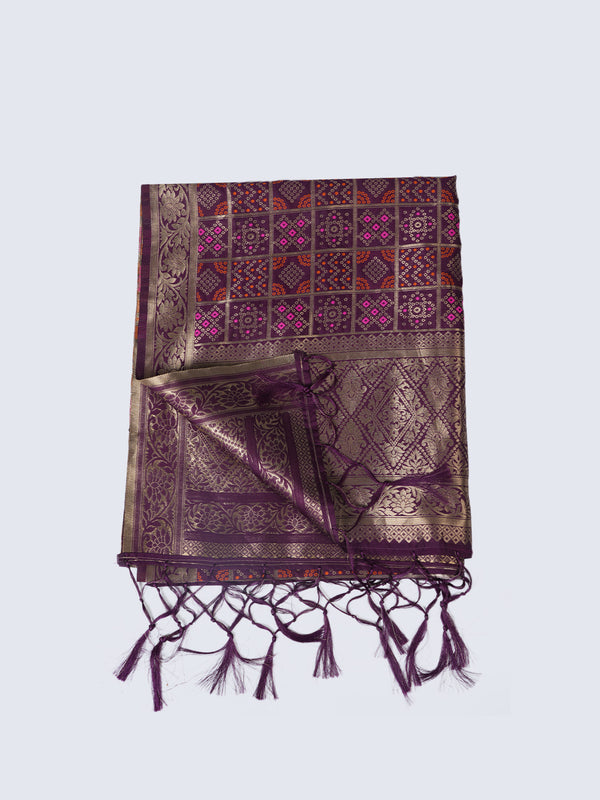 Purple Paithani Silk Dupatta with Geometric Zari Jaal & Traditional Border (Size: 2.5x1 m Approx)