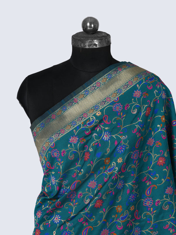 Teal Kashmiri Silk Dupatta with Multicolour Floral Vine Weave & Zari Border (Size: 2.5x1 m Approx)