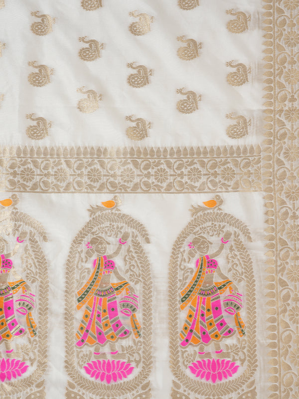 Off White Paithani Silk Dupatta with Traditional Peacock Motifs (Size: 2.5x1 m Approx)