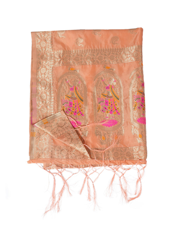 Peach Paithani Silk Dupatta with Traditional Peacock Motifs (Size: 2.5x1 m Approx)