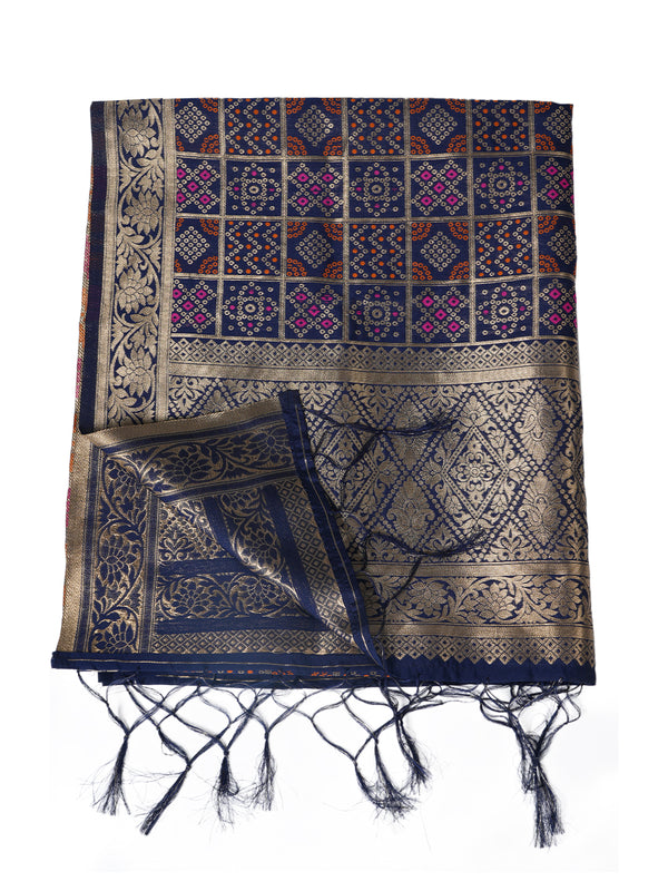 Blue Paithani Silk Dupatta with Geometric Zari Jaal & Traditional Border (Size: 2.5x1 m Approx)