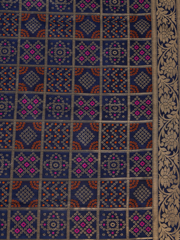 Blue Paithani Silk Dupatta with Geometric Zari Jaal & Traditional Border (Size: 2.5x1 m Approx)