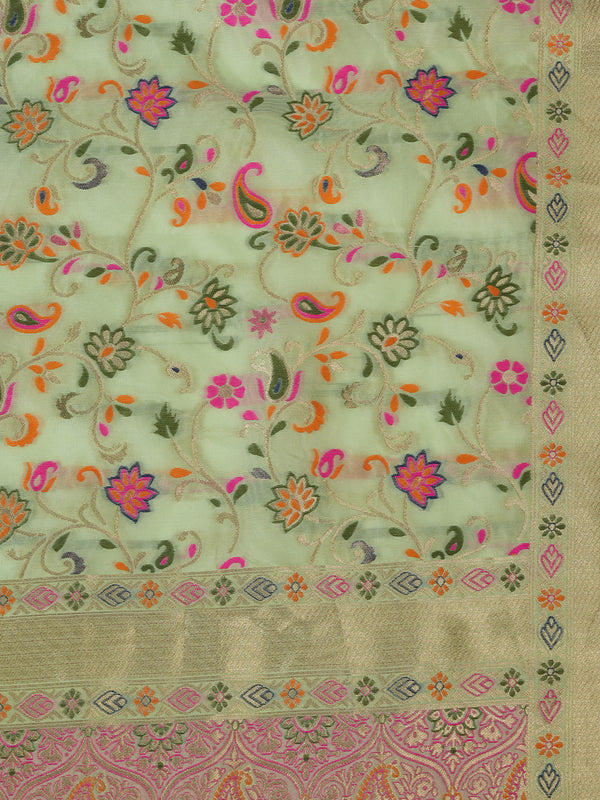 Light Green Kashmiri Silk Dupatta with Multicolour Floral Vine Weave & Zari Border (Size: 2.5x1 m Approx)