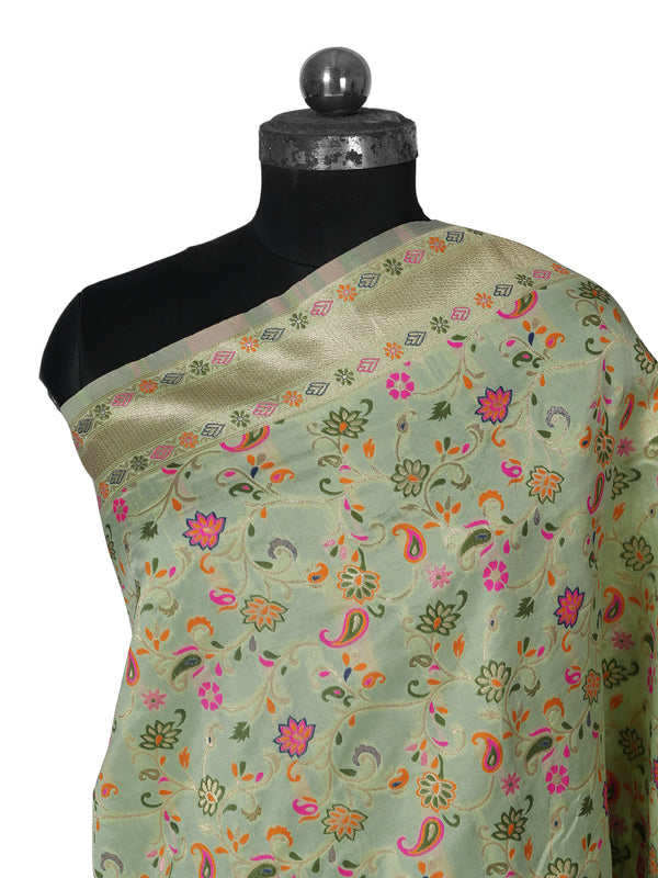Light Green Kashmiri Silk Dupatta with Multicolour Floral Vine Weave & Zari Border (Size: 2.5x1 m Approx)