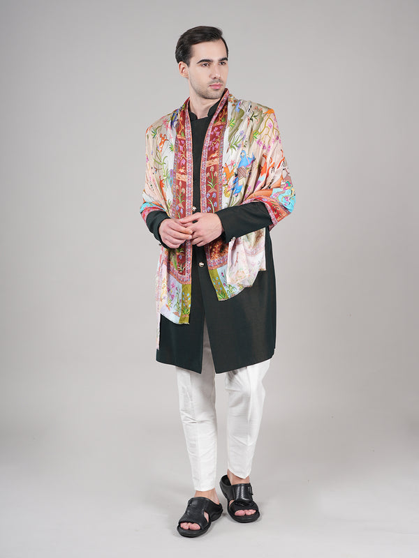 Bamboo Silk Heritage Printed Mens Stole | Refined Traditional Statement Wrap (80 × 28 Inches)