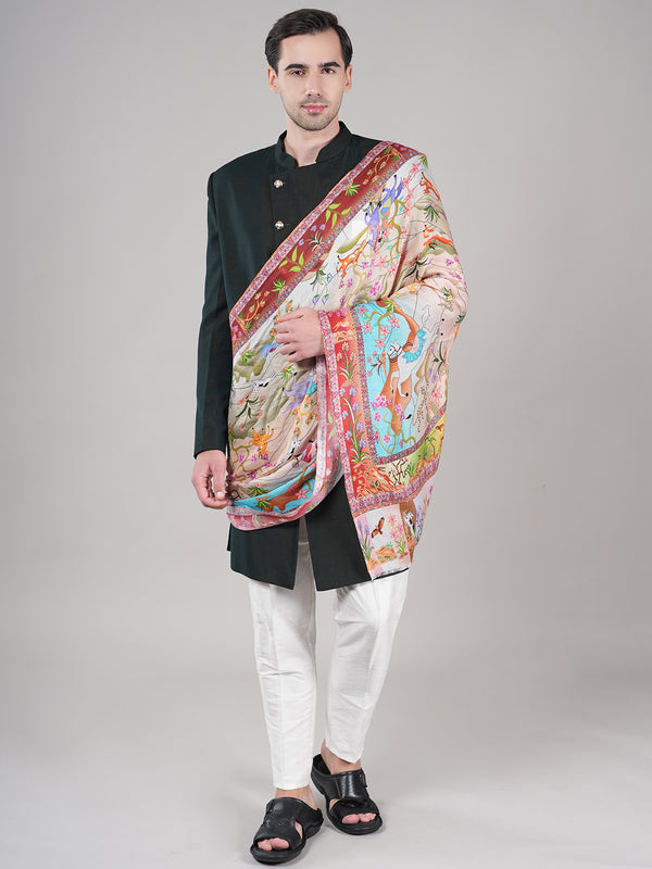 Bamboo Silk Heritage Printed Mens Stole | Refined Traditional Statement Wrap (80 × 28 Inches)
