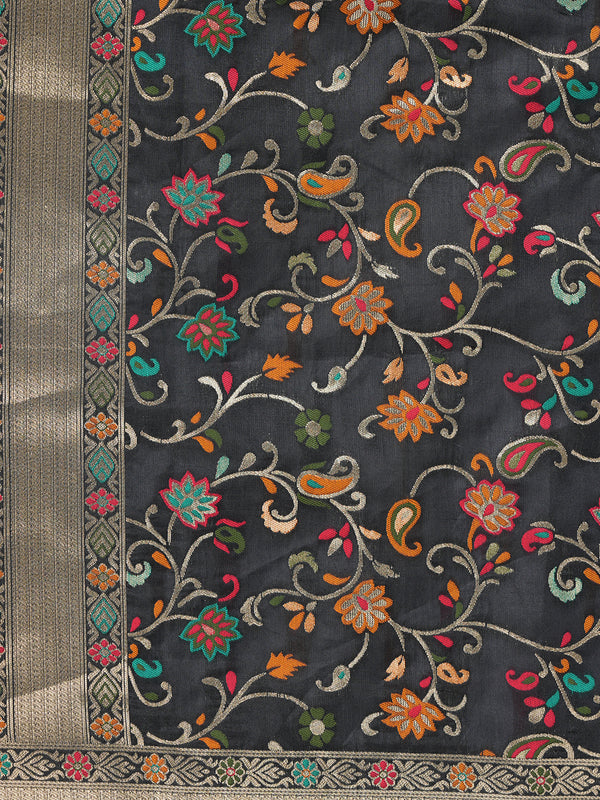 Black Kashmiri Silk Dupatta with Multicolour Floral Vine Weave & Zari Border (Size: 2.5x1 m Approx)