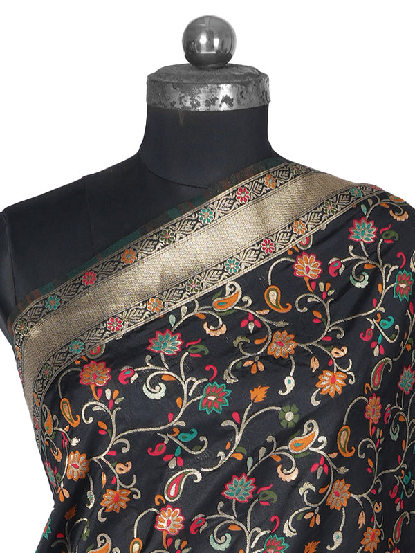 Black Kashmiri Silk Dupatta with Multicolour Floral Vine Weave & Zari Border (Size: 2.5x1 m Approx)