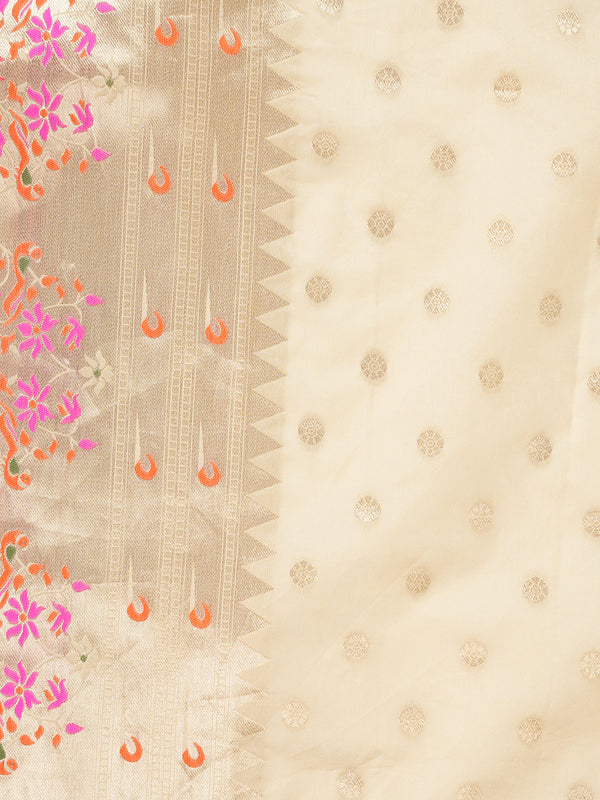 Cream Paithani Silk Dupatta with Gold Zari Butti & Traditional Border (Size: 2.5x1 m Approx)