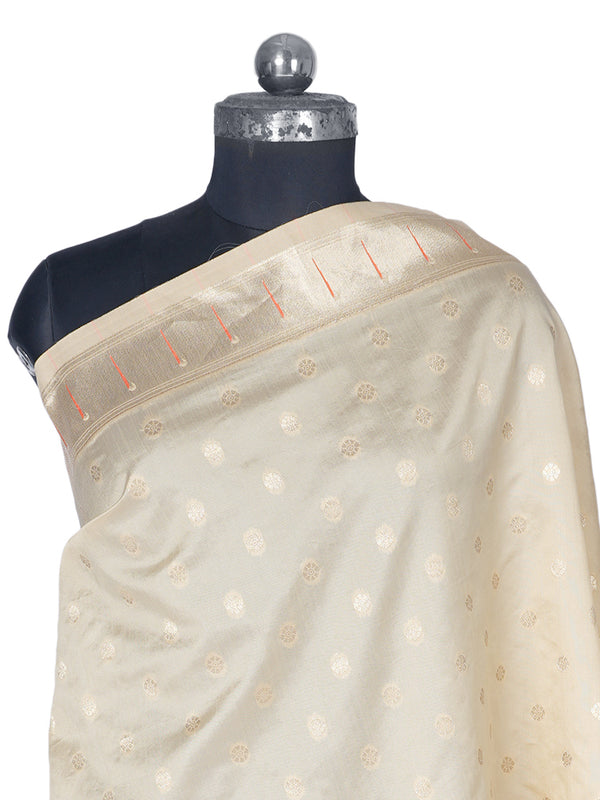Cream Paithani Silk Dupatta with Gold Zari Butti & Traditional Border (Size: 2.5x1 m Approx)