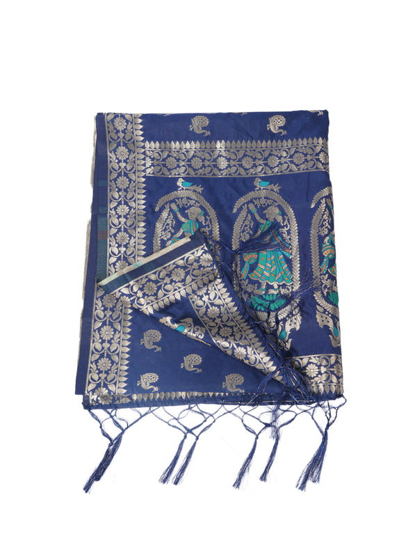Navy Blue Paithani Silk Dupatta with Traditional Peacock Motifs (Size: 2.5x1 m Approx)