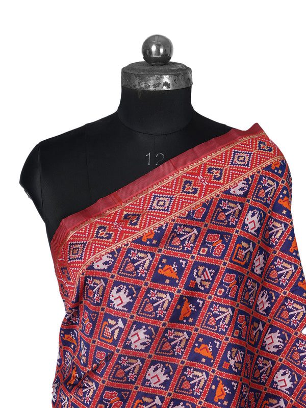 Royal Orange Paithani Silk Dupatta with Geometric Motifs & Contrast Zari Border (Size: 2.5x1 m Approx)