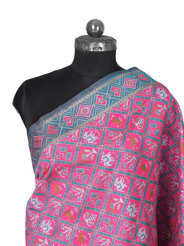 Royal Pink Paithani Silk Dupatta with Geometric Motifs & Contrast Zari Border (Size: 2.5x1 m Approx)