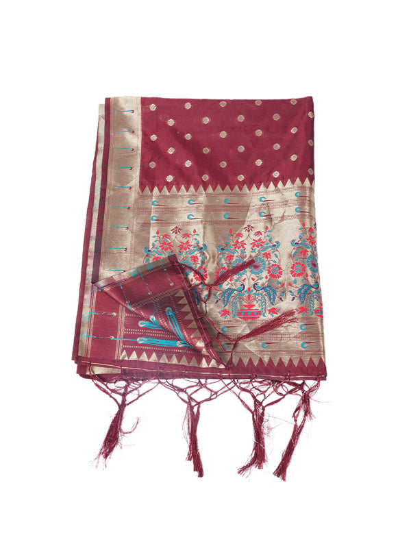 Maroon Paithani Silk Dupatta with Gold Zari Butti & Traditional Border (Size: 2.5x1 m Approx)