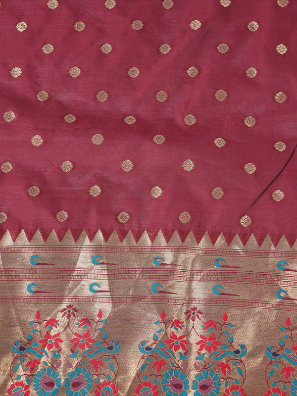 Maroon Paithani Silk Dupatta with Gold Zari Butti & Traditional Border (Size: 2.5x1 m Approx)