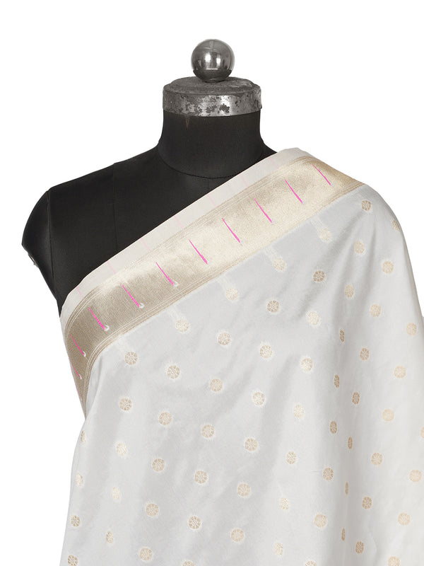 White Paithani Silk Dupatta with Gold Zari Butti & Traditional Border (Size: 2.5x1 m Approx)