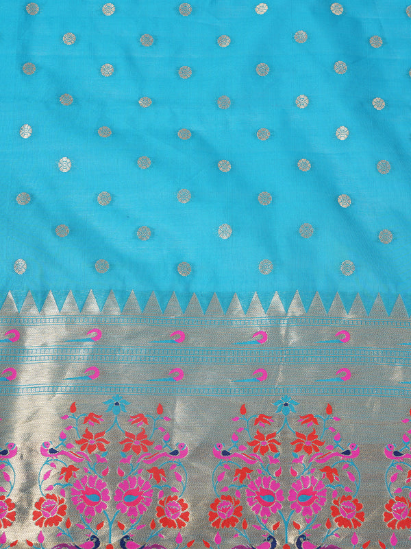 Teal Paithani Silk Dupatta with Gold Zari Butti & Traditional Border (Size: 2.5x1 m Approx)