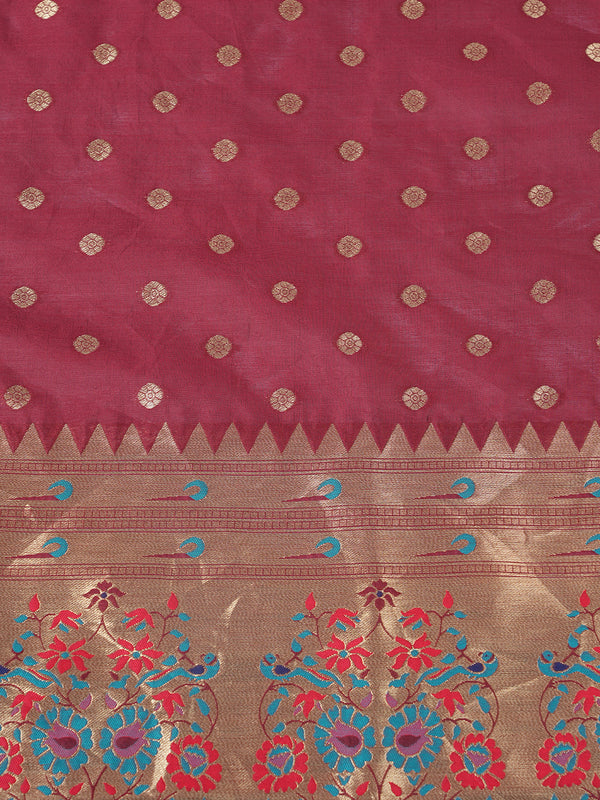 Wine Paithani Silk Dupatta with Gold Zari Butti & Traditional Border (Size: 2.5x1 m Approx)