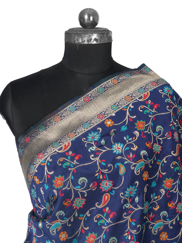 Blue Kashmiri Silk Dupatta with Multicolour Floral Vine Weave & Zari Border (Size: 2.5x1 m Approx)