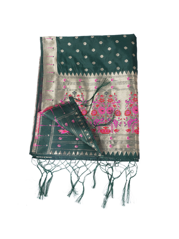 Bottle Green Paithani Silk Dupatta with Gold Zari Butti & Traditional Border (Size: 2.5x1 m Approx)