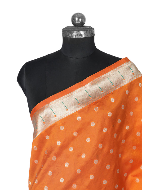 Orange Paithani Silk Dupatta with Gold Zari Butti & Traditional Border (Size: 2.5x1 m Approx)