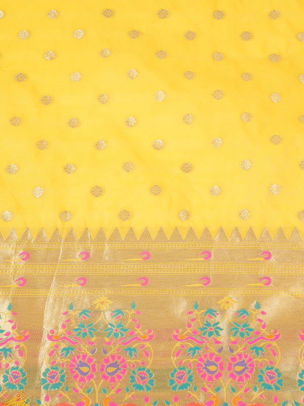 Yellow Paithani Silk Dupatta with Gold Zari Butti & Traditional Border (Size: 2.5x1 m Approx)