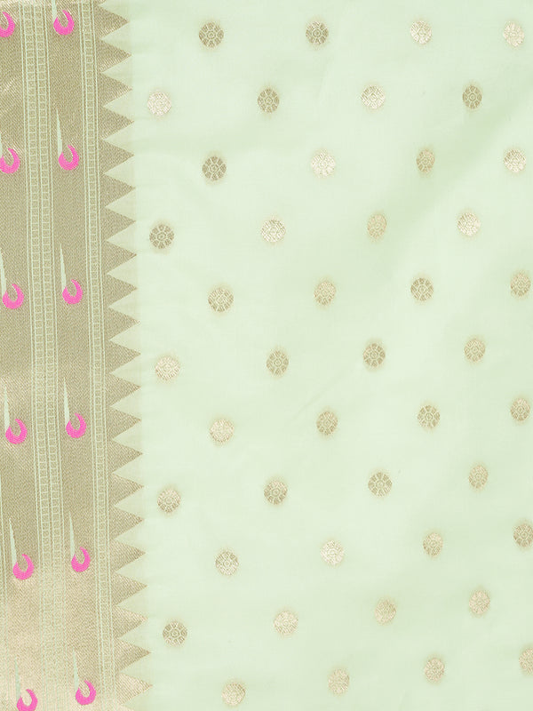 Green Paithani Silk Dupatta with Gold Zari Butti & Traditional Border (Size: 2.5x1 m Approx)