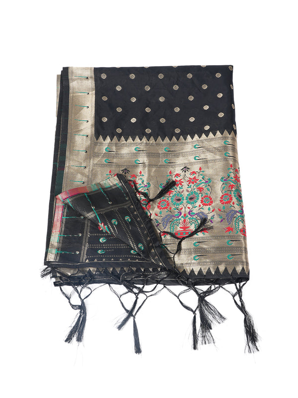 Black Paithani Silk Dupatta with Gold Zari Butti & Traditional Border (Size: 2.5x1 m Approx)