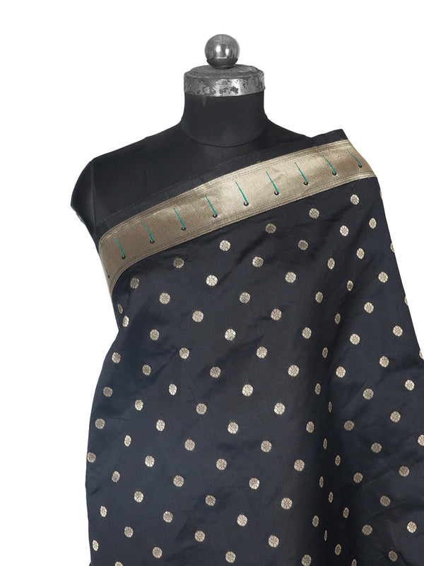 Black Paithani Silk Dupatta with Gold Zari Butti & Traditional Border (Size: 2.5x1 m Approx)