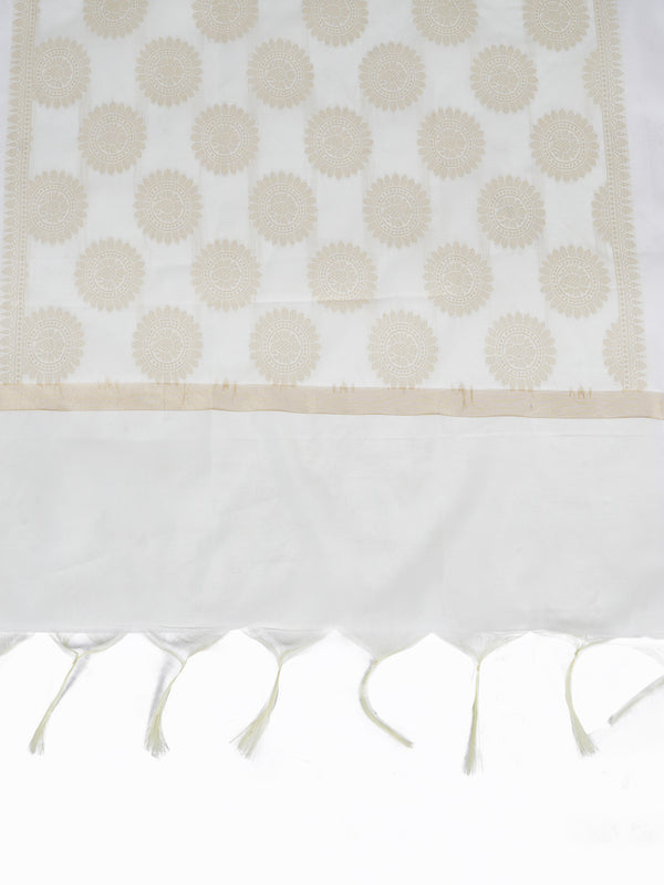 White Banarasi Silk Dupatta with Woven Butti Motifs & Zari Border (Size: 2.5x1 m Approx)