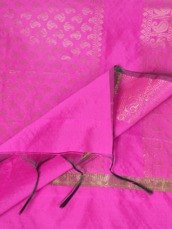 Pink Banarasi Silk Dupatta with Gold Zari Buti & Ornate Border (Size: 2.5x1 m Approx)