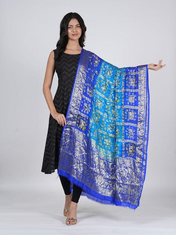 Bandhani Banarasi Gharchola Silk Dupatta in Sky Blue & Royal Blue (Size: 2.5x1 m Approx)