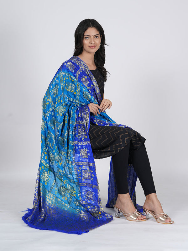 Bandhani Banarasi Gharchola Silk Dupatta in Sky Blue & Royal Blue (Size: 2.5x1 m Approx)