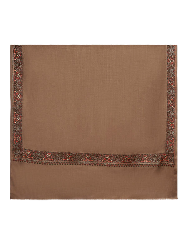 Brown Woolen Women Shawl with Traditional Multicolour Embroidered Border (80 x 40 Inches)