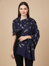 Micro Wool Navy Blue Feather Motif Women Stole | Soft Wrap with Subtle Woven Accents (80 × 28 Inches)