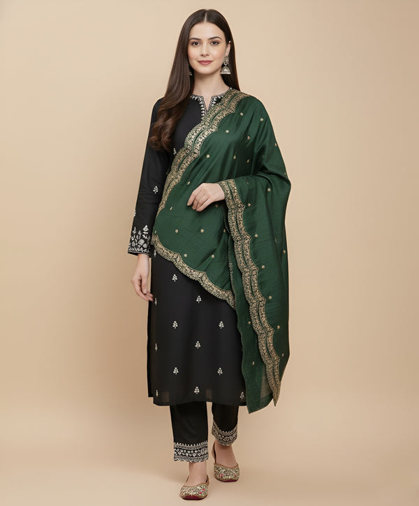 Bottle Green Chinon Dupatta with Scalloped Embroidered Border & Sequin Motifs (Size: 2.5x1 m Approx)