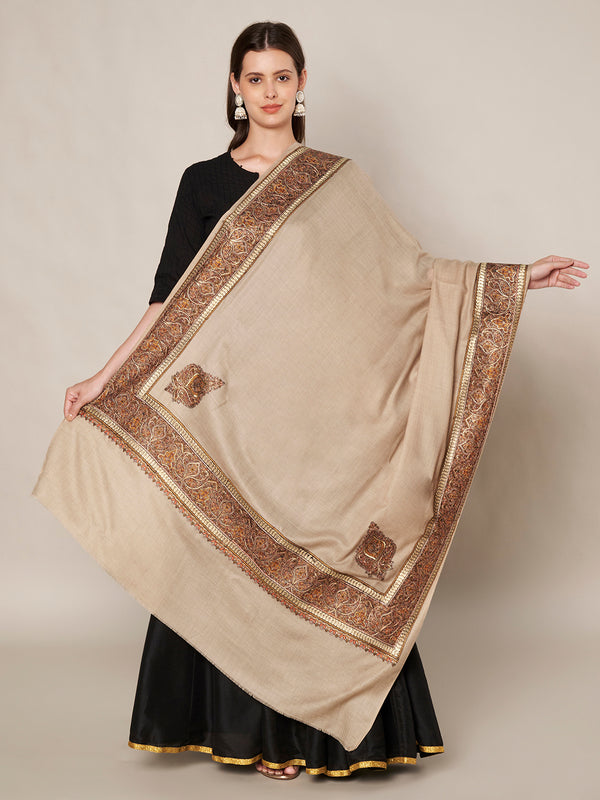 Light Brown Woolen Women Shawl with Intricate Embroidered Detailing – Winter Wrap (80 x 40 Inches)