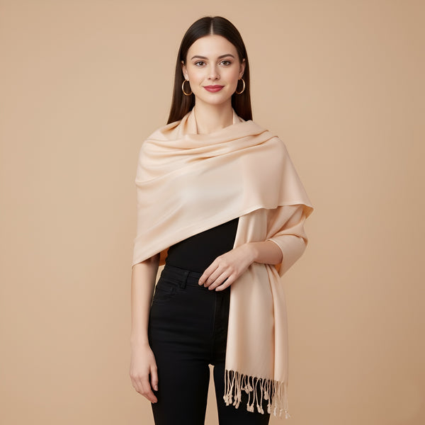Solid Viscose Peach Women Stole with Soft Drape & Fringed Finish | Lightweight Everyday Wrap (80 × 28 Inches)