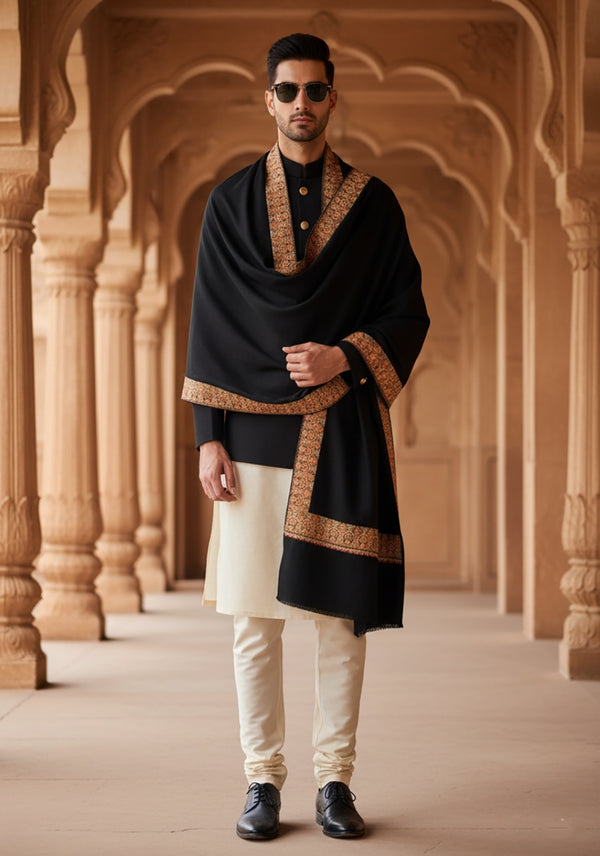 Solid Black Woolen Mens Shawl with Rich Embroidered Border – 80 x 40 Inches