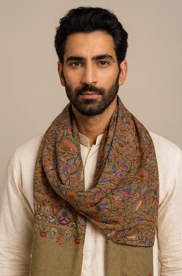 Bamboo Silk Bottle Green Kashmiri Mens Stole with Classic Paisley Weave | Elegant Ethnic Accessory | 80×28 Inches