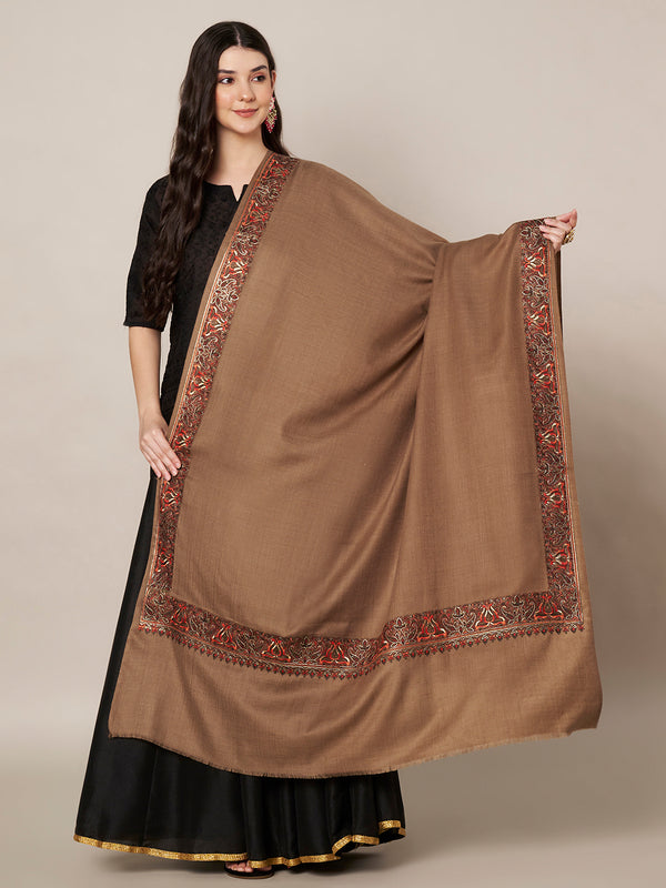 Brown Woolen Women Shawl with Traditional Multicolour Embroidered Border (80 x 40 Inches)