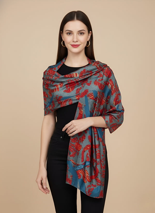 Printed Silk Women Stole with Artistic Motif Design | Elegant Lightweight Wrap (80 × 28 Inches)