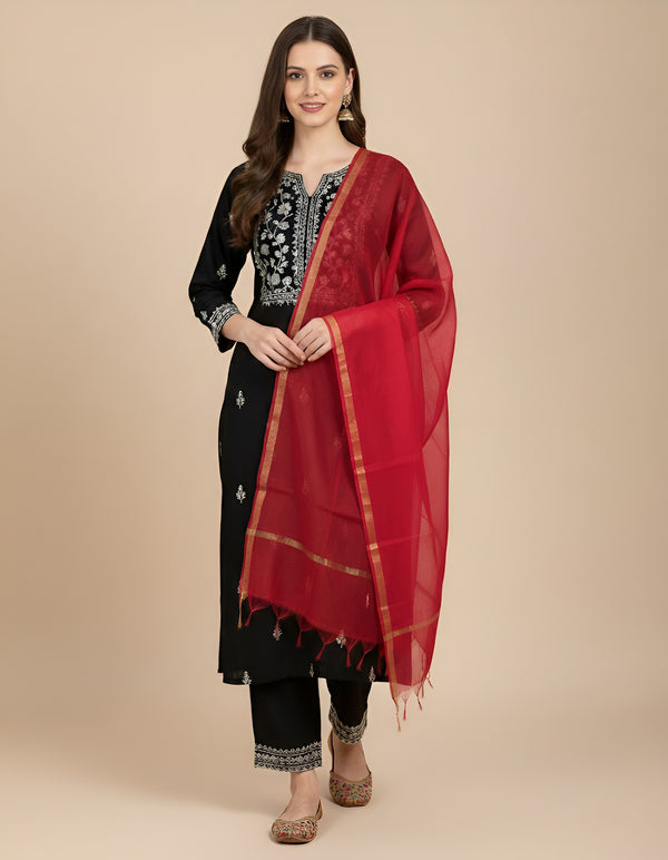 Red Monica Cotton Dupatta with Woven Motifs | Elegant Ethnic Drape (2.5 Metres Approx.)