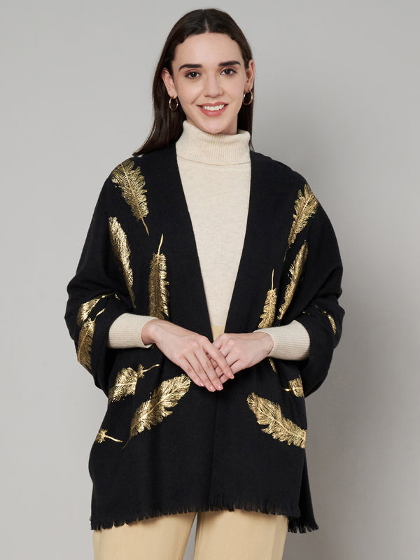 Wool Black Feather Motif Women Stole | Elegant Woven Wrap with Metallic Accents (80 × 28 Inches)